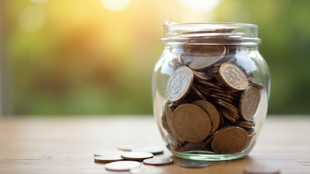 Oszczędności w słoiku z monetami, przedstawiające budowanie funduszu awaryjnego